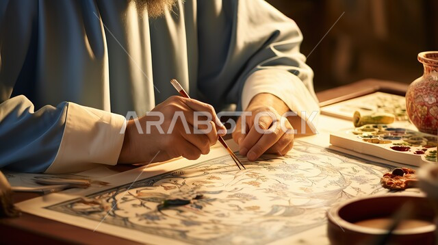 فنون التخطيط والزخارف الإسلامية، المهن والحرف اليدوية في المملكة العربية السعودية، صورة مقربة لخطاط عربي خليجي سعودي يرتدي الزي التقليدي يرسم ويكتب بالخط العربي، أداء العمل بجد وإتقان