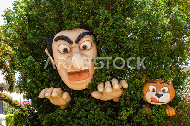 مجسم عملاق ثلاثي الابعاد لشرشبيل و القط هرهور في الحديقة المعجزة في دبي، الاهتمام في زراعة الازهار والورود في الحدائق، الهندسة الزراعية المتميزة في الإمارات العربية المتحدة, الاستمتاع بالمناظر الطبيعيه, معالم سياحية ترفيهية مشهورة