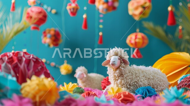 أضحية وقربان عيد الاضحى المبارك، المناسبات والأعياد الدينية الإسلامية, مجسم ثلاثي الابعاد لحيوان الخاروف مع الورود الملونة والفوانيس، ديكورات وزينة متميزة