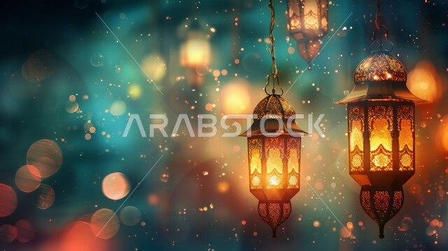 فوانيس وتحف وديكورات تقليدية للاحتفال بقدوم شهر رمضان المبارك، فانوس عربي معدني معلق مزخرف مضيء، الاحتفال بالأعياد والمناسبات الدينية، أجواء رمضانية وروحانية إسلامية، خلفية ضبابية
