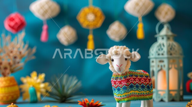 أضحية وقربان عيد الاضحى المبارك، المناسبات والأعياد الدينية الإسلامية, مجسم ثلاثي الابعاد لحيوان الخاروف مع الورود الملونة والفوانيس المضيئة، ديكورات وزينة متميزة