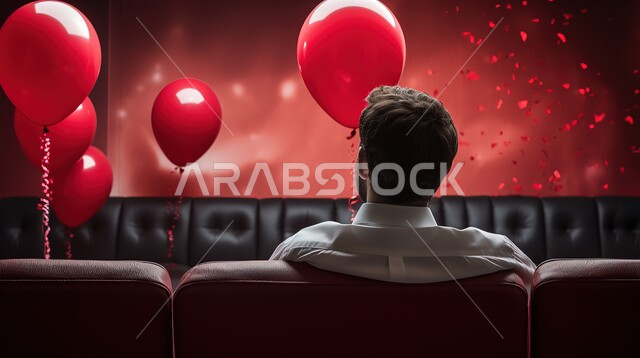 الإحتفال بالأعياد و المناسبات السعيدة، صورة من الخلف لشاب عربي خليجي سعودي يجلس على كرسي في صالة السينما ويشاهد المسلسلات والبرامج المفضلة، زينة وبالونات حمراء احتفالا بعيد الحب