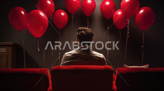 الإحتفال بالأعياد و المناسبات السعيدة، صورة من الخلف لشاب عربي خليجي سعودي يجلس على كرسي في صالة السينما ويشاهد المسلسلات والبرامج المفضلة، زينة وبالونات حمراء احتفالا بعيد الحب