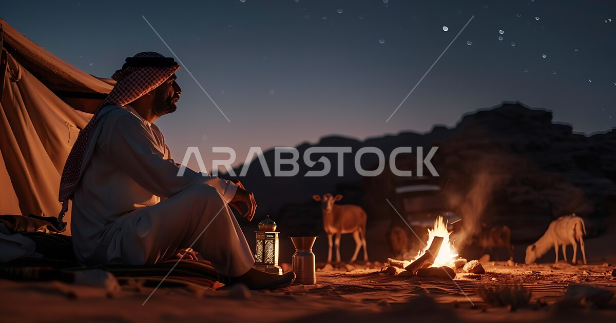 التضاريس والرمال الذهبية الناعمة في الليل، التخييم في صحاري المملكة ...