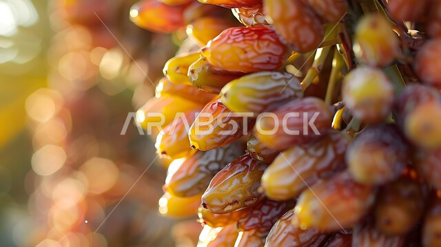  الاهتمام بالاشجار والنباتات الخضراء المثمرة، منتجات ومحاصيل زراعيه محلية وطنية، موسم الحصاد والقطاف، محمية طبيعية لزراعة أشجار النخيل في المملكة العربية السعودية، صورة مقربة لعناقيد حبات الرطب الطازجة