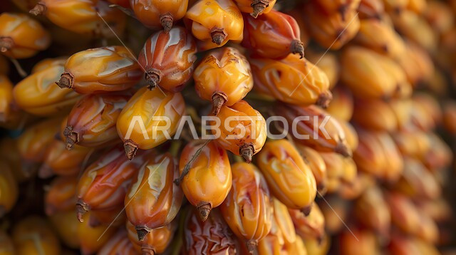  الاهتمام بالاشجار والنباتات الخضراء المثمرة، منتجات ومحاصيل زراعيه محلية وطنية، موسم الحصاد والقطاف، محمية طبيعية لزراعة أشجار النخيل في المملكة العربية السعودية، صورة مقربة لعناقيد حبات الرطب الطازجة