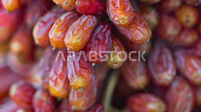 محمية طبيعية لزراعة أشجار النخيل في المملكة العربية السعودية، صورة مقربة لعناقيد حبات الرطب الطازجة، الاهتمام بالاشجار والنباتات الخضراء المثمرة، منتجات ومحاصيل زراعيه محلية وطنية، موسم الحصاد والقطاف