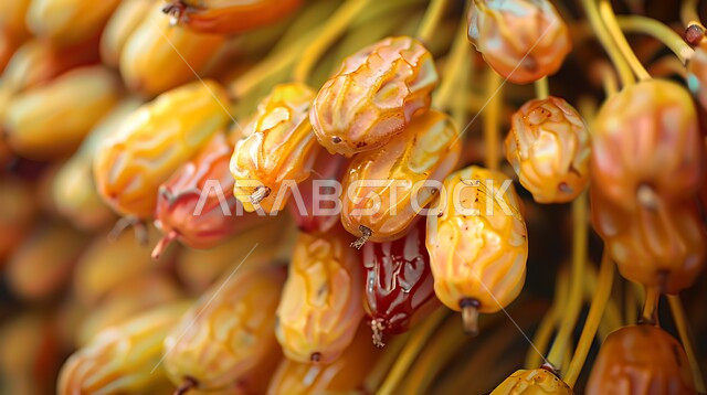 محمية طبيعية لزراعة أشجار النخيل في المملكة العربية السعودية، صورة مقربة لعناقيد حبات الرطب الطازجة، الاهتمام بالاشجار والنباتات الخضراء المثمرة، منتجات ومحاصيل زراعيه محلية وطنية، موسم الحصاد والقطاف