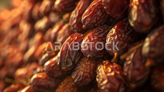 حصاد النخيل في مزارع المملكة، الأنواع المختلفة من التمور الصحية اللذيذة، صورة مقربة لحبات التمر المتجعد، ضيافة رمضانية شهية، وجبة غذائية صحية ذات أهمية عاليه، منتجات محلية سعودية وطنية