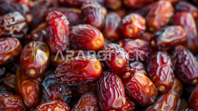 حصاد النخيل في مزارع المملكة، الأنواع المختلفة من التمور الصحية اللذيذة، صورة مقربة لحبات التمر المتجعد، ضيافة رمضانية شهية، وجبة غذائية صحية ذات أهمية عاليه، منتجات محلية سعودية وطنية