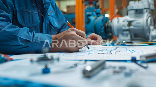 Engineering Project Management, Close up of engineer drawing pump and valve plans for pumping station in office, Project Auditing and Review, Project Strategy Follow-up