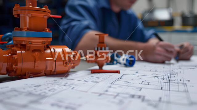  صورة مقربة لمهندس يرسم مخططات المضخة والصمامات لمحطة الضخ في احدى المكاتب، تدقيق المشاريع ومراجعتها، متابعة استراتيجات المشروع، ادارة المشاريع الهندسية