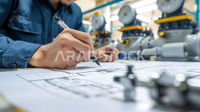 متابعة استراتيجات المشروع، ادارة المشاريع الهندسية، صورة مقربة لمهندس يرسم مخططات المضخة والصمامات لمحطة الضخ في احدى المكاتب، تدقيق المشاريع ومراجعتها