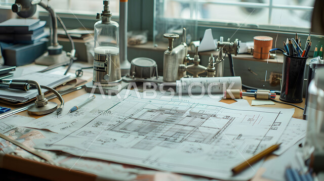 ادارة المشاريع الهندسية، صورة مقربة لمهندس يرسم مخططات المضخة والصمامات لمحطة الضخ في احدى المكاتب، تدقيق المشاريع ومراجعتها، متابعة استراتيجات المشروع