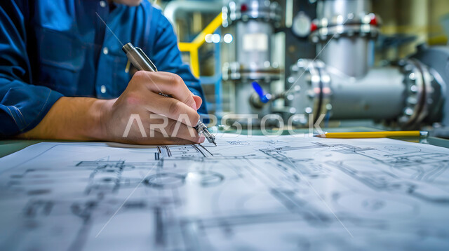 Project strategy follow-up, engineering project management, close-up of engineer drawing pump and valve plans for pumping station in office, project auditing and review