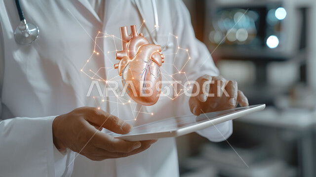 الرؤية السعودية المستقبلية 2030، التقدم الرقمي التكنولوجي في الطب، تطور التكنولوجيا في المجال العلمي والصحي، الذكاء الإصطناعي المتقدم في المستشفيات، صورة مقربة من الجانب لطبيب عربي خليجي سعودي يحمل بيده جهاز التابلت ينظر إلى صورة قلب بتقنية الهولوجرام