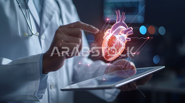 التقدم الرقمي التكنولوجي في الطب، تطور التكنولوجيا في المجال العلمي والصحي، الذكاء الإصطناعي المتقدم في المستشفيات، صورة مقربة من الجانب لطبيب عربي خليجي سعودي يحمل بيده جهاز التابلت ينظر إلى صورة قلب بتقنية الهولوجرام، الرؤية السعودية المستقبلية 2030 