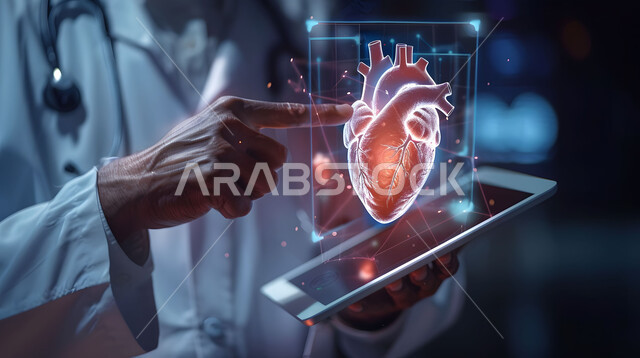 الرؤية السعودية المستقبلية 2030، التقدم الرقمي التكنولوجي في الطب، تطور التكنولوجيا في المجال العلمي والصحي، الذكاء الإصطناعي المتقدم في المستشفيات، صورة مقربة من الجانب لطبيب عربي خليجي سعودي يحمل بيده جهاز التابلت ينظر إلى صورة قلب بتقنية الهولوجرام