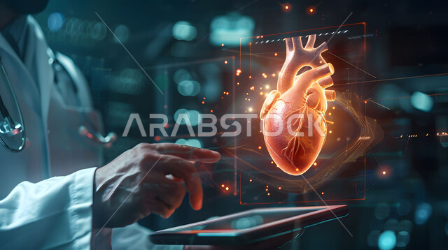 Digital technological progress in medicine, development of technology in the scientific and health field, advanced artificial intelligence in hospitals, close-up side view of a Saudi Arabian Gulf doctor holding a tablet looking at a hologram image of a heart, Saudi Vision 2030