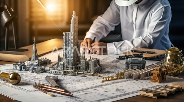 المعدات والأدوات ومخططات البناء على طاولة مكتب، استكمال مهام العمل ورسم المشاريع، نموذج مصغر للمبنى، مهندس عربي سعودي خليجي يرتدي خوذة الحماية يرسم ويتابع الأعمال والتصاميم، مهن ووظائف هندسية سعودية