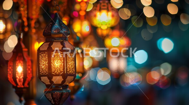 البهجة والفرح بقدوم شهر الخير، المصابيح المضيئة المتميزة, ديكورات وزينة رمضان المبارك, الفوانيس المعدنية التقليدية المزخرفة المعلقة في الأجواء الروحانية، الاحتفال بالمناسبات والأعياد الدينية، خلفية ضبابية