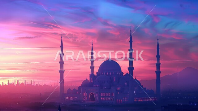 مآذن وقبب المساجد على الطراز الاسلامي، مفهوم العبادة والتقرب إلى الله تعالى، منظر السماء في وقت غروب الشمس، الديكورات والتصاميم الهندسية الدينية المتميزة، نداء المسلمين لأداء الفرائض والصلوات