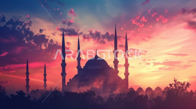 مآذن وقبب المساجد على الطراز الاسلامي، مفهوم العبادة والتقرب إلى الله تعالى، منظر السماء في وقت غروب الشمس، الديكورات والتصاميم الهندسية الدينية المتميزة، نداء المسلمين لأداء الفرائض والصلوات