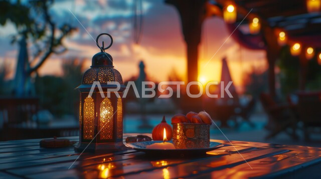  ديكورات و تحف تقليدية للاحتفال بقدوم شهر رمضان المبارك ,أجواء رمضانية وروحانية إسلامية, فانوس عربي معدني مزخرف مضيئ وقت غروب الشمس العادات والتقاليد العربية في زينة الأعياد والمناسبات الدينية