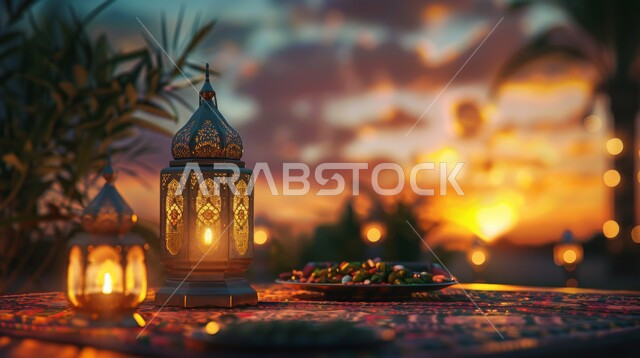 التقاليد و العادات العربية في زينة الأعياد والمناسبات الدينية, ديكورات و تحف تقليدية للاحتفال بقدوم شهر رمضان المبارك ,أجواء رمضانية وروحانية إسلامية, فانوس عربي معدني مزخرف مضيئ وقت غروب الشمس