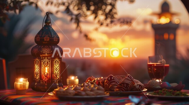 أجواء رمضانية وروحانية إسلامية, فانوس عربي معدني مزخرف مضيئ وقت غروب الشمس مع الاطباق المتنوعة من الطعام، العادات والتقاليد العربية في زينة الأعياد والمناسبات الدينية, تحف وديكورات تقليدية للاحتفال بقدوم شهر رمضان المبارك
