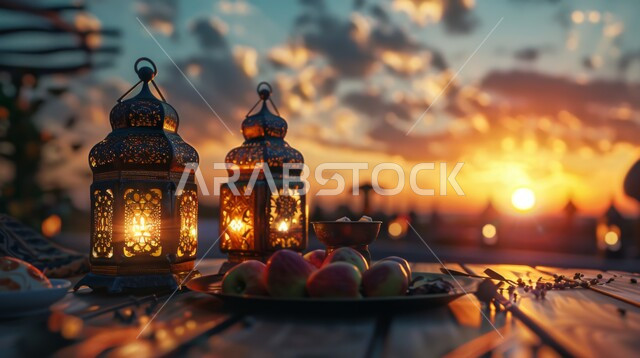 A group of decorative metal Arabic lanterns illuminated at sunset, Arab customs and traditions in decorating holidays and religious occasions, traditional antiques and decorations to celebrate the advent of the holy month of Ramadan, a Ramadan and Islamic spiritual atmosphere