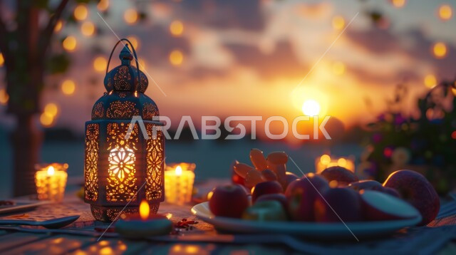 أجواء روحانية رمضانية إسلامية, التقاليد و العادات العربية في زينة الأعياد والمناسبات الدينية, ديكورات و تحف تقليدية للاحتفال بقدوم شهر رمضان المبارك ,فانوس عربي معدني مزخرف مضيئ وقت غروب الشمس