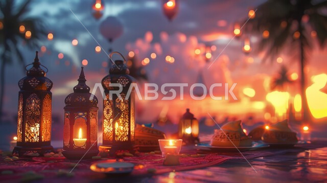 مجموعة من الفوانيس العربية المعدنية المزخرفة المضيئة وقت غروب الشمس، العادات والتقاليد العربية في زينة الأعياد والمناسبات الدينية, تحف وديكورات تقليدية للاحتفال بقدوم شهر رمضان المبارك، أجواء رمضانية وروحانية إسلامية
