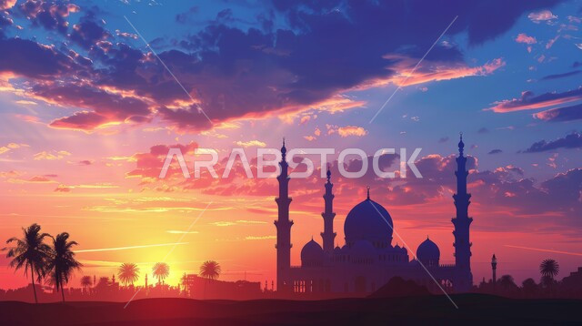 مآذن وقبب المساجد على الطراز الاسلامي، مفهوم العبادة والتقرب إلى الله تعالى، منظر السماء في وقت غروب الشمس، الديكورات والتصاميم الهندسية الدينية المتميزة، نداء المسلمين لأداء الفرائض والصلوات