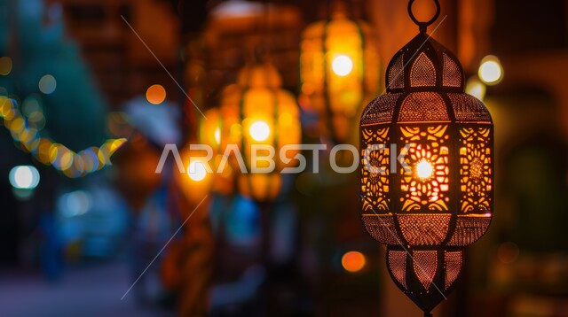 البهجة والفرح بقدوم شهر الخير، المصابيح المضيئة المتميزة, ديكورات وزينة رمضان المبارك, الفوانيس المعدنية التقليدية المزخرفة المعلقة في الأجواء الروحانية، الاحتفال بالمناسبات والأعياد الدينية، خلفية ضبابية