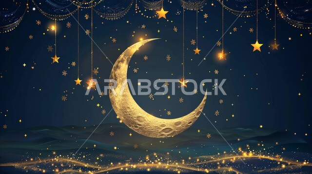 تحف واكسسوارات شهر رمضان المبارك، أنوار و زينة الاعياد والمناسبات الدينية, هلال شهر الخير والبركة باللون الذهبي مع النجوم, بطاقة معايدة وتهنئة للاحتفال بقدوم الشهر الفضيل، خلفيات اسلامية