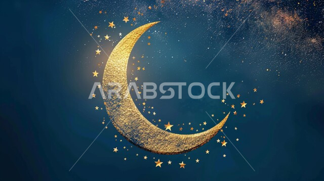 تحف واكسسوارات شهر رمضان المبارك، أنوار و زينة الاعياد والمناسبات الدينية, هلال شهر الخير والبركة باللون الذهبي مع النجوم, بطاقة معايدة وتهنئة للاحتفال بقدوم الشهر الفضيل، خلفيات اسلامية