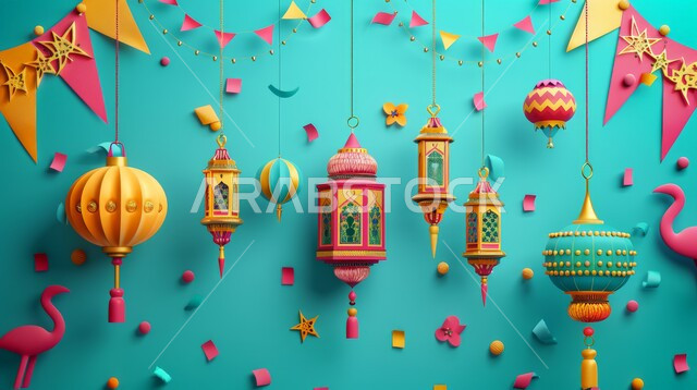 الأجواء الروحانية المتميزة، الاحتفال بالمناسبات والأعياد الدينية الاسلامية، زينة وديكورات رمضان المبارك, مجموعة من الفوانيس التقليدية المعلقة الملونة المصنوعة من الورق المقوى، البهجة بقدوم عيد الاضحى المبارك، خلفية زرقاء