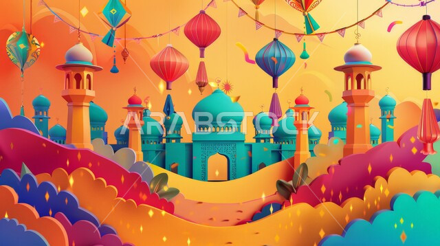 الأجواء الروحانية المتميزة، الاحتفال بالمناسبات والأعياد الدينية الاسلامية، زينة وديكورات عيد الاضحى المبارك المصنوعة من الورق المقوى، قبب ومآذن المساجد، تصاميم تهنئة متميزة، خلفية ملونة