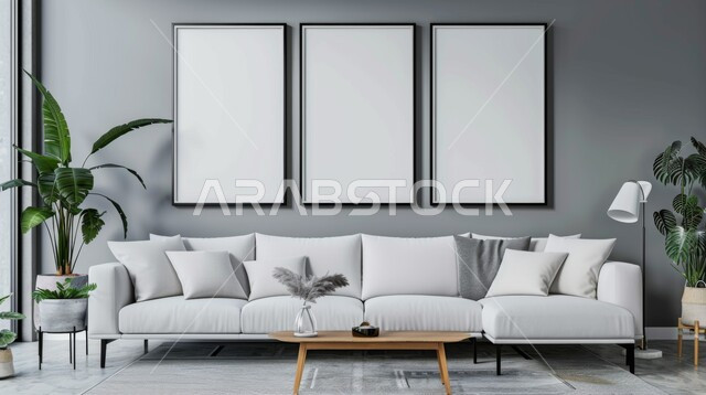 ديكور داخلي راقي للفلل والشقق السكنية في المملكة العربية السعودية, لوحات بيضاء فارغه معلقة, التصاميم الداخلية لغرف الجلوس على الطراز الحديث، غرفة معيشة مع أثاث منزلي فاخر باللون الابيض، الاهتمام في نباتات الزينة الخضراء