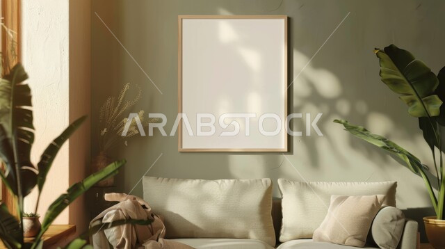 الاهتمام في نباتات الزينة ,ديكور داخلي راقي للفلل والشقق السكنية في المملكة العربية السعودية, لوحات بيضاء فارغه معلقة, التصاميم الداخلية لغرف الجلوس على الطراز الحديث، غرفة معيشة مع أثاث منزلي فاخر باللون الابيض