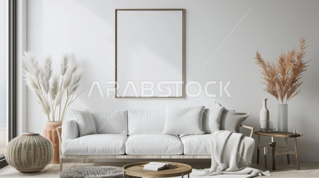 الاهتمام في نباتات الزينة ,ديكور داخلي راقي للفلل والشقق السكنية في المملكة العربية السعودية, لوحات بيضاء فارغه معلقة, التصاميم الداخلية لغرف الجلوس على الطراز الحديث، غرفة معيشة مع أثاث منزلي فاخر باللون الابيض