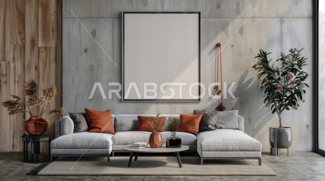 ديكور داخلي راقي للفلل والشقق السكنية في المملكة العربية السعودية, لوحات بيضاء فارغه معلقة, التصاميم الداخلية لغرف الجلوس على الطراز الحديث، غرفة معيشة مع أثاث منزلي فاخر باللون الابيض، الاهتمام في نباتات الزينة الخضراء