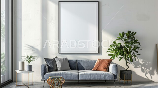 لوحات بيضاء فارغه معلقة, التصاميم الداخلية لغرف الجلوس على الطراز الحديث، غرفة معيشة مع أثاث منزلي فاخر باللون الابيض، ديكور داخلي راقي للفلل والشقق السكنية في المملكة العربية السعودية, الاهتمام في نباتات الزينة الخضراء