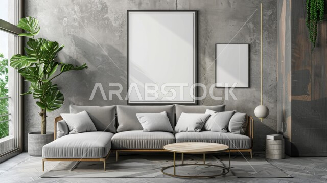 لوحات بيضاء فارغه معلقة, التصاميم الداخلية لغرف الجلوس على الطراز الحديث، غرفة معيشة مع أثاث منزلي فاخر باللون الابيض، ديكور داخلي راقي للفلل والشقق السكنية في المملكة العربية السعودية, الاهتمام في نباتات الزينة الخضراء