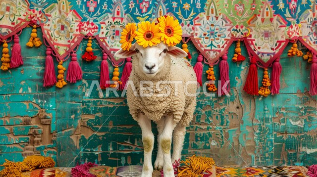 أضحية وقربان عيد الاضحى المبارك، المناسبات والأعياد الدينية الإسلامية, مجسم ثلاثي الابعاد لحيوان الخاروف مع قوس من الورود الملونة فوق رأسه، ديكورات وزينة متميزة