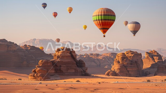  التشكيلات والتكوينات الصخرية في أماكن القمم والمرتفعات الجبلية، الأنشطة الترفيهية في المناطق الصحراوية, الطيران في بالون الهواء الساخن, وجهة عائلية سياحية طبيعية, المناطيد المحلقة في سماء المملكة العربية السعودية, معالم أثرية قديمة تاريخية