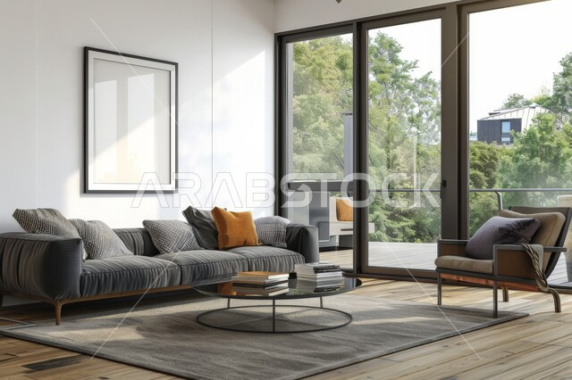 غرفة معيشة بتصاميم عصرية حديثة، ديكورات داخلية فاخرة, النوافذ والواجهات الزجاجية المطلة على الطبيعة، غرف جلوس بأثاث منزلي راقي، فلل و قصور سكنية في المملكة العربية السعودية