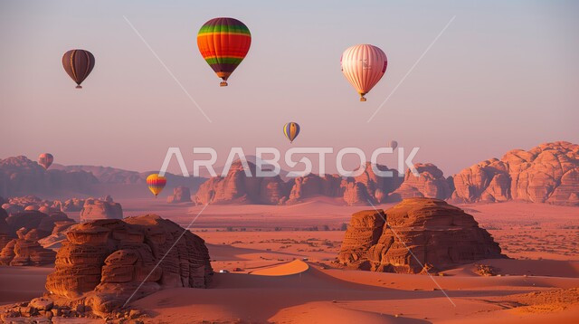 Ancient historical monuments, balloons flying in the sky of the Kingdom of Saudi Arabia, rock formations and formations in places of mountain peaks and heights, recreational activities in desert areas, flying in a hot air balloon, a natural tourist destination for a family