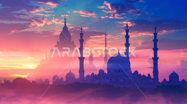 مآذن وقبب المساجد على الطراز الاسلامي، مفهوم العبادة والتقرب إلى الله تعالى، منظر السماء في وقت غروب الشمس، الديكورات والتصاميم الهندسية الدينية المتميزة، نداء المسلمين لأداء الفرائض والصلوات
